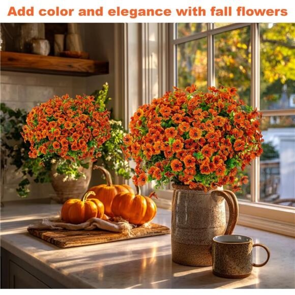 Artificial Fall Flowers Outdoor Fake Mums - 16 Bundles Fake Plants UV Resistant - Picture 4 of 7